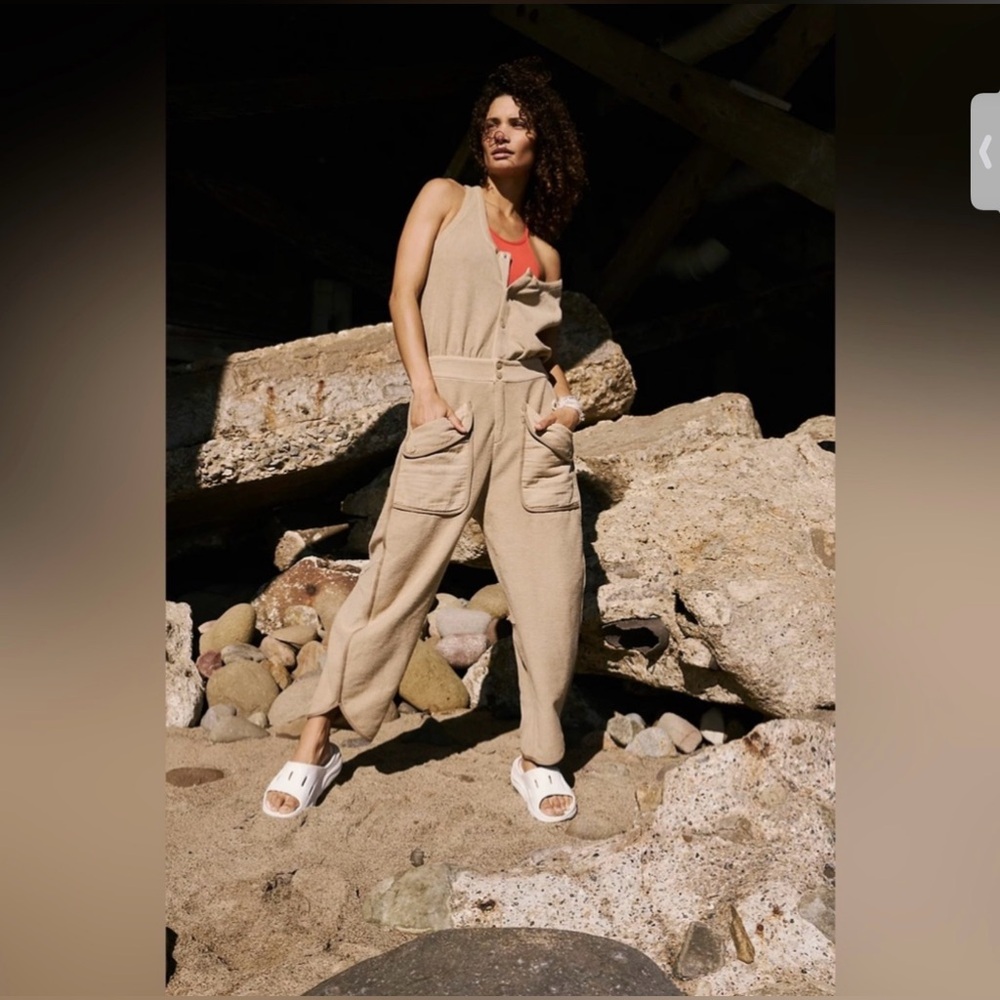 Free People Beige Knit Pocket Jumpsuit with Coral Tank